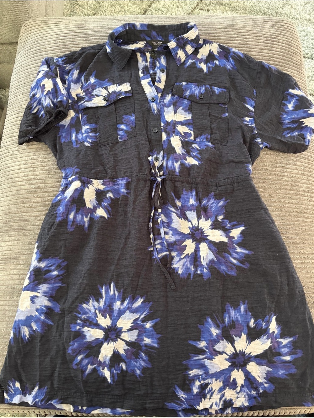 Simply Vera Vera Wang Navy Blue and White Floral Button-Front Shirt Dress